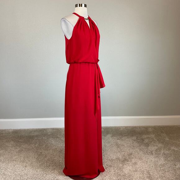 Xscape Red Chiffon Evening Gown Size 8 Cut Out Thigh Slit Ruffled Formal Dress - Picture 2 of 13
